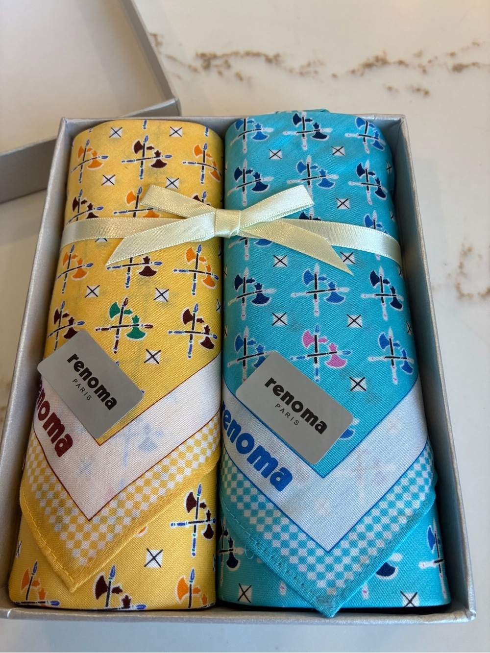 Renoma Paris Set of 2 Patterned Handkerchiefs - Yellow & Turquoise